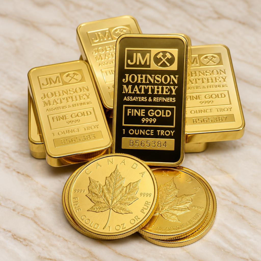 Johnson Matthey gold bullion bars alongside Canadian gold maple leaf coins