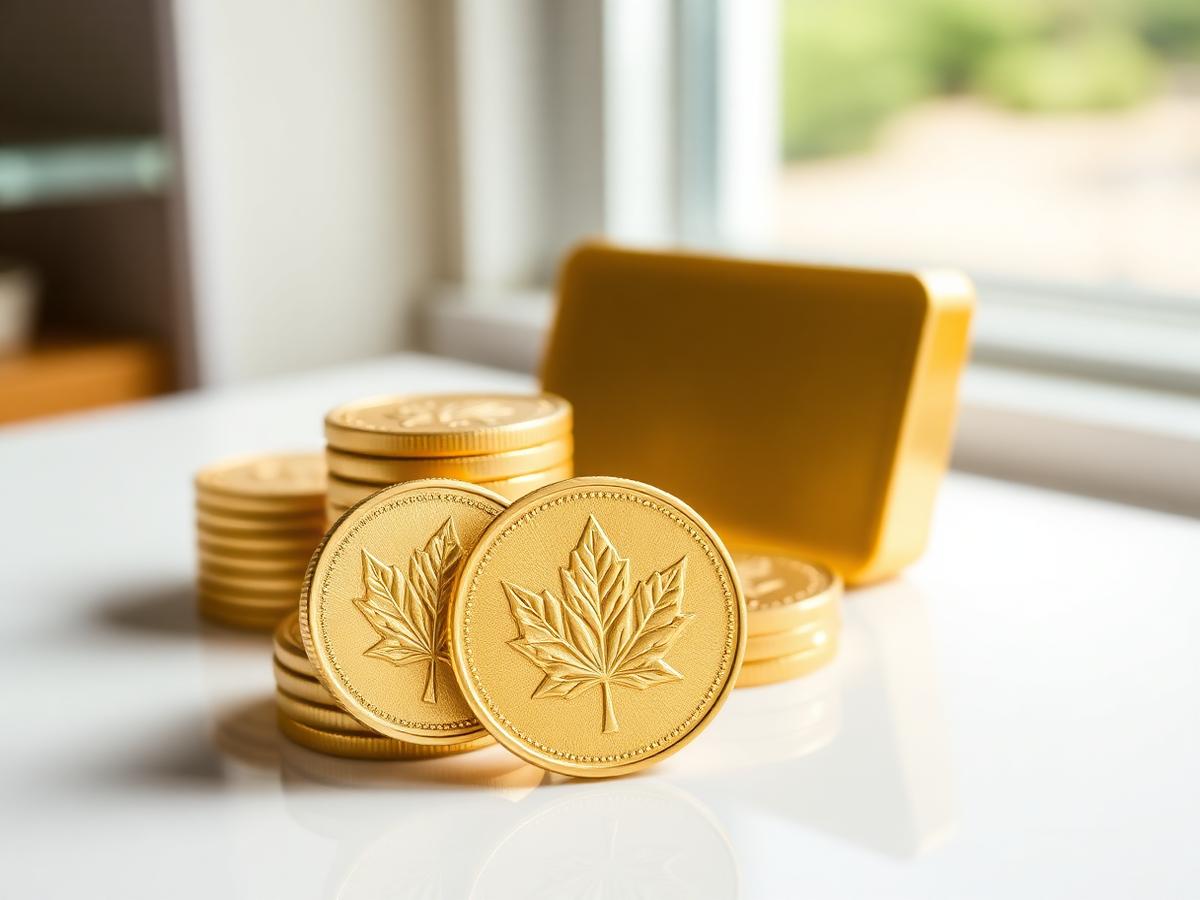 Canadian Gold Maple Leaf bullion coins and a gold bar in a bright shop