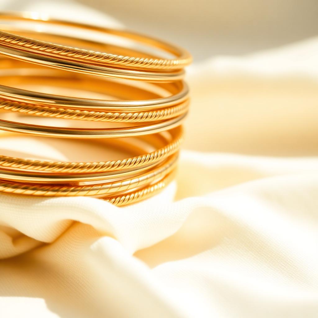 Gold bangles and bracelets on a light surface
