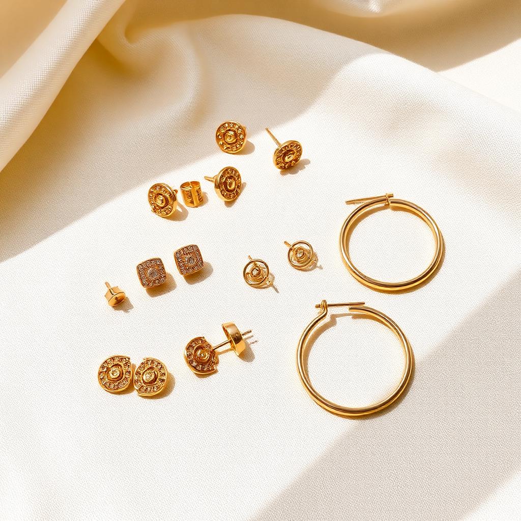 Gold earrings, studs and hoops on cream cloth