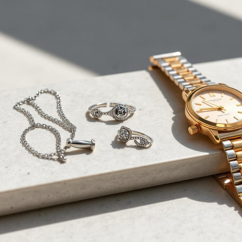Silver jewellery and a gold watch on a stone surface