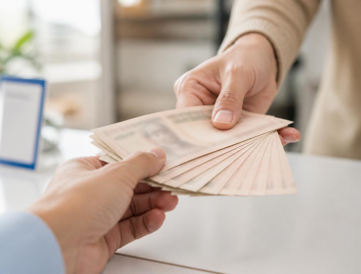 Cash being handed to a customer across the shop counter