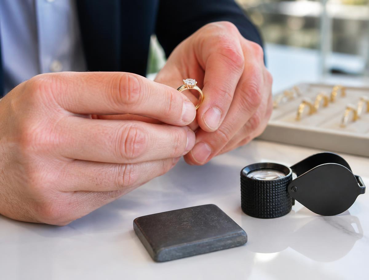 A jeweller inspecting a gold ring with a loupe at the counter