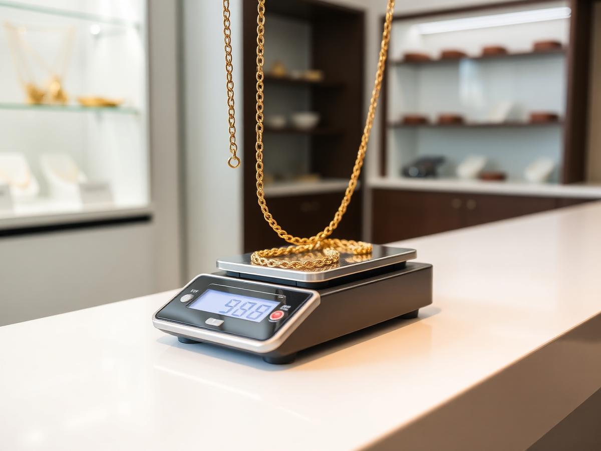 Gold being inspected with a loupe and weighed on a calibrated scale